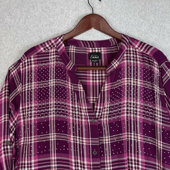 SIMPLY EMMA Plus Woman Size 2X Purple Plum Plaid Blouse Sparkle Tab Sleeve - Picture 3 of 12